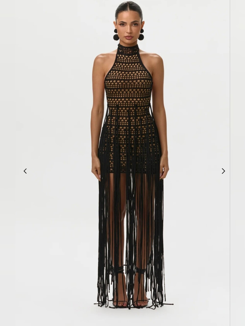 naked wardrobe Black Crochet Fringe Maxi Dress - Halter Neck